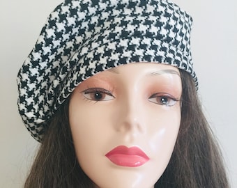 White and black beret- Scottish Hat- Womens Summer Beret- Tam French- Houndstooth hat- Summer fall beanie- Lightweight Hats- Checkered hat