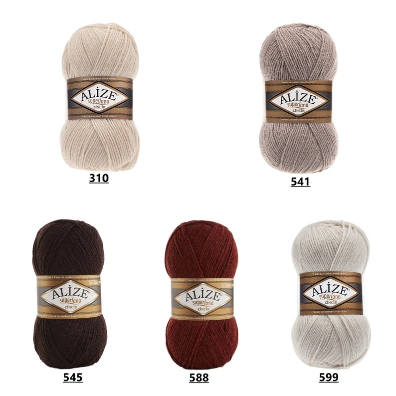 May include: Five balls of yarn in different colors: beige, gray, brown, red, and white. Each ball has a label that says "Alize Superlana Zin&ccedil;ir".