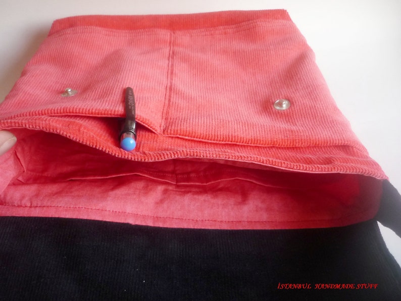 Mini Messenger Bag Navy and Coral Corduroy with Diamond Leather Adjustable Strap