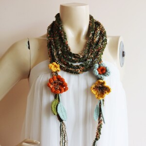 Green Crochet Scarf-Lariat Necklace Scarf Olive Green Mustard Orange Scarf-Flowers and Leaves Scarf-Hippie Scarf image 5