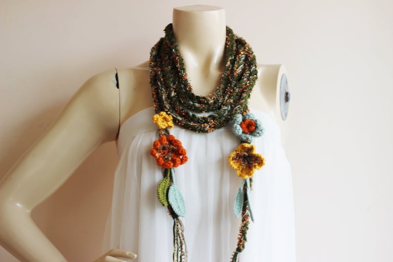 Green Crochet Scarf-Lariat Necklace Scarf Olive Green Mustard Orange Scarf-Flowers and Leaves Scarf-Hippie Scarf image 5