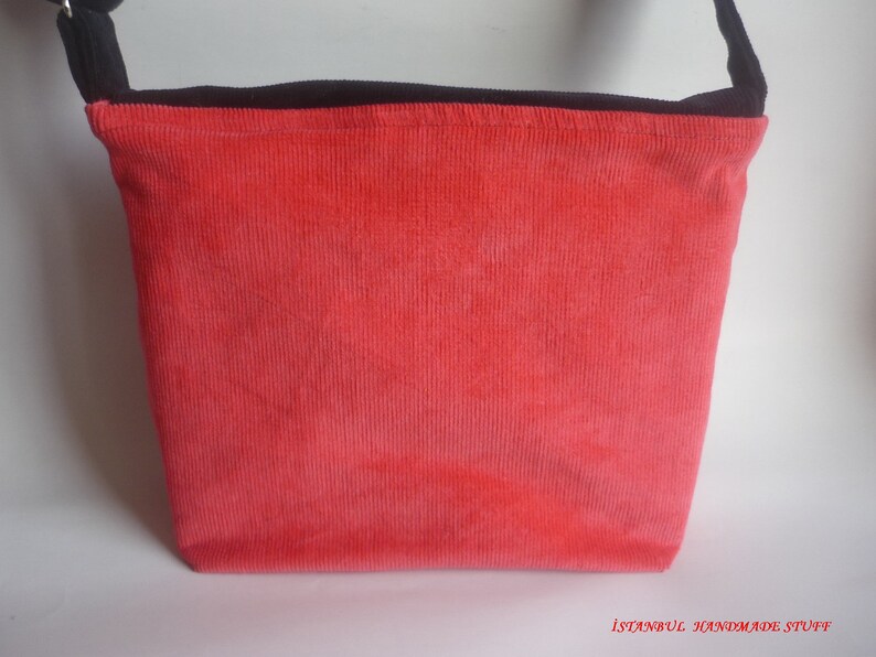 Mini Messenger Bag Navy and Coral Corduroy with Diamond Leather Adjustable Strap