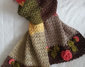 Autumn color long scarf with roses and leaves- 3D flowers neckwarmer- Winter Vegan Scarf Colorful Unique- mustard -beige- taupe -rust- green