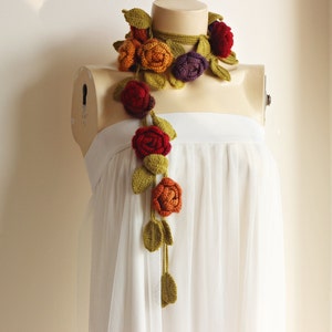 Pastel Rose Scarf-Necklace Lariat - Dark Red,Mustard,Burnt Orange,Purple Scarf- Crochet Flower Scarf Aesthetic- Narrow winter scarf- garden