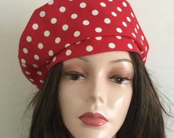 Perlhocker Mütze - Französische Barett - Pilzmütze Mode - Damen Leinenmütze -rot und weiß wasserabweisend Slouchy Polkadot Couture Mützen