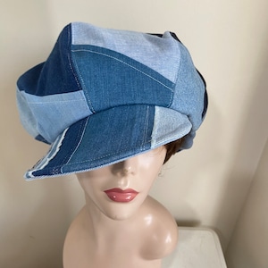 Oversized newsboy hat- Boho hippie clothing- distressed Cap- patchwork jeans -Patched Denim blue hat- Man Woman hat for Large Head