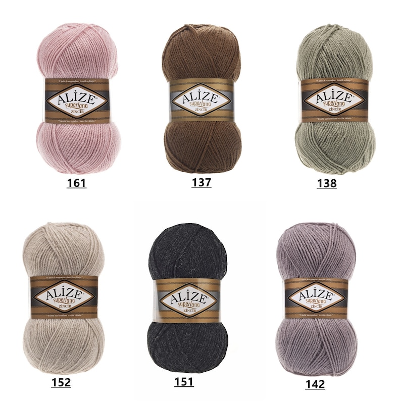 May include: Six skeins of yarn in various colors, including pink, brown, green, beige, gray, and purple. Each skein has a white label with the word "ALIZE" and the text "superlana" in black. The numbers 161, 137, 138, 152, 151, and 142 are printed below each skein.