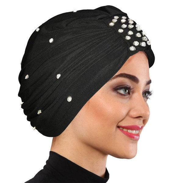 Turban with Swarovski  Crystal - Black Hair Wrap in Jersey -Turban Headband /Bohemian  Black Turban Hat-Black Headwrap