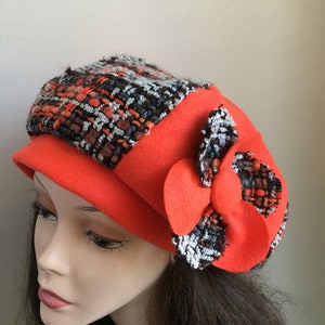 Black and Orange  beret hat- French beret-colored  ladies beret- warm winter hat- Patchwork Large  not wool beret .Flower beret