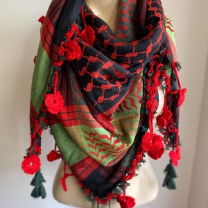 Black Red Green Keffiyeh -Square Scarf with Hand Crochet Lace Flowers for woman Christmas gift, Keffiyeh Arab Scarf
