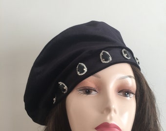 Black velvet beret with rhinestones- tam french- warm winter hat- Velvet Slouchy  Beanie- funeral hat- formal beret- black hat- lined satin