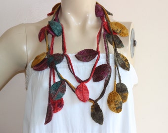 Autumn Leaves Necklace Scarf-Multicolor Lariat Scarf-Necklace Lariat Scarf-Crochet Scarf-Autumn  Scarf