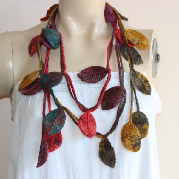 Autumn Leaves Necklace Scarf-Multicolor Lariat Scarf-Necklace Lariat Scarf-Crochet Scarf-Autumn  Scarf