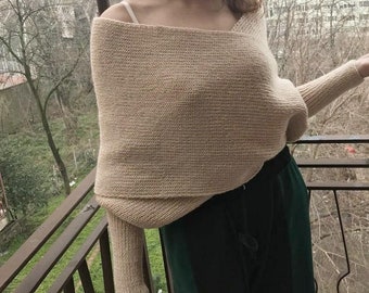 Off Shoulder Sweater - Scarf with Sleeves- Oatmeal Wedding Shawl- Knit Wrap- Long Sleeve Scarf- Chunky Knit Cardigan- hand knit