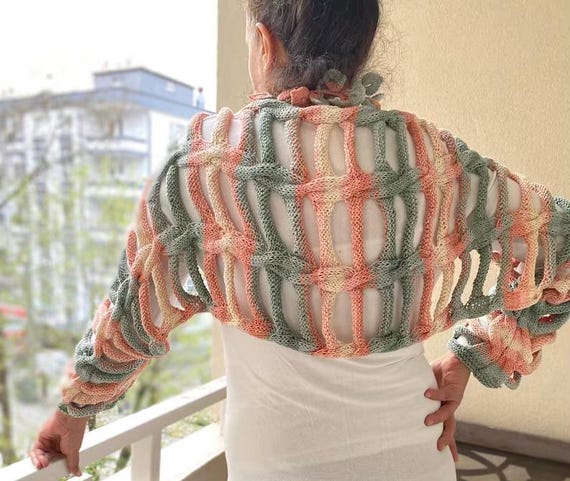 Tattered Bolero With Long Sleeves, -sage ,peach Fuzz Champagne