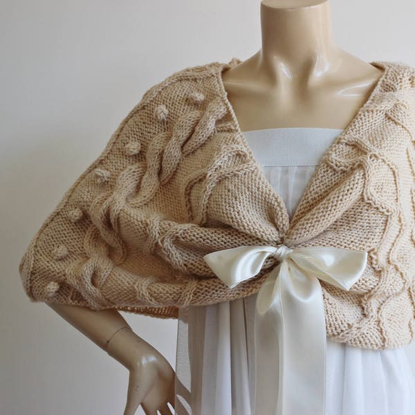 Champagne Bridal Capelet / Wedding Wrap Shrug Bolero/Hand Knit Wool Cape- Braided Cape-Ready to Ship