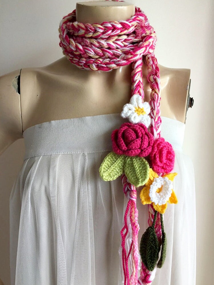 Pink  Crochet Scarf- Hippie Scarf-Lariat Necklace Scarf- Pink,Yellow,White ,Green Scarf-Flowers and Leaf Scarf-Rose and Daffodil Scarf