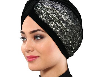 Sequin Twist Turban-Black Sequin Turban-Grey Sparkly Turban-Black Silver Hat -Glitter  Shiny Sequined Turban -Velvet Turban