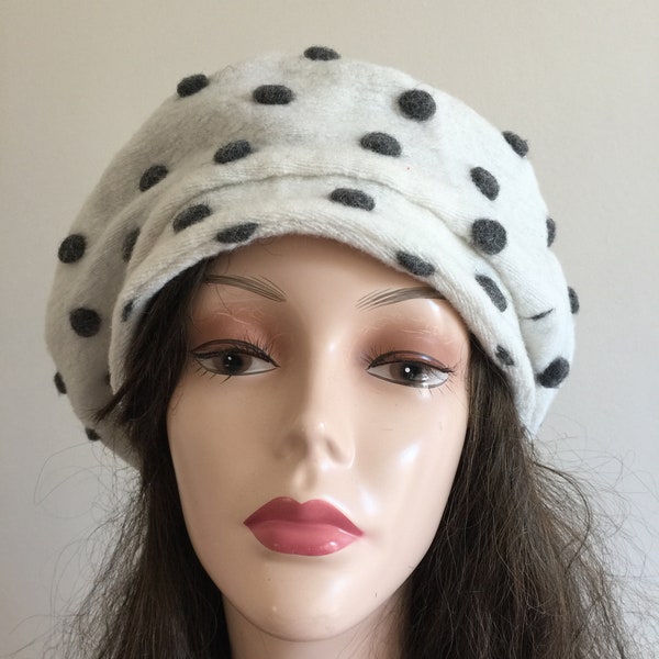 Wool beret hat- French Beret- Oversize Tam Slouchy Beret- Warm Slouchy Cap- Ladies Winter Hat- white and grey beret- polka dot hat in white