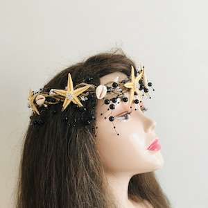 Black birthday crown -Seashell Headband -Quinceañera-Beach Bridal crown -Mermaid Crown Black-Cosplay -Starfish Crown -Halloween- witch crown