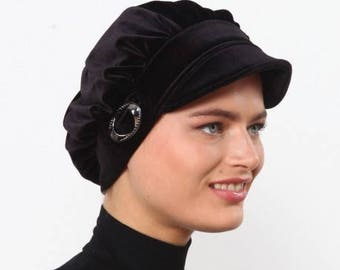 Velvet Turban Hat -Winter Turban-Black Headwrap,Turban, Fashion Turban Cap -Turban Headband /Bohemian Black Turban Hat with buckle