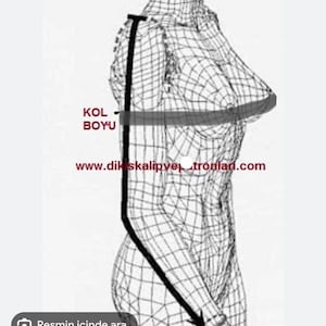 May include: A black and white line drawing of a person's torso, showing how to measure the length of a sleeve. The text "KOL BOYU" is written in black on a white background. The text "www.dikiskalipvepatronlari.com" is written in black on a white background.