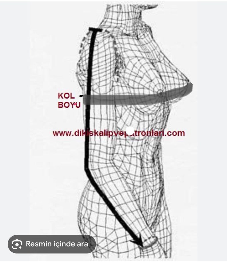 May include: A black and white line drawing of a person's torso, showing how to measure the length of a sleeve. The text "KOL BOYU" is written in black on a white background. The text "www.dikiskalipvepatronlari.com" is written in black on a white background.