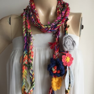 Hippie Scarf-Lariat Necklace Scarf- Multicolor Crochet  Scarf-Flowers and Leaf Scarf