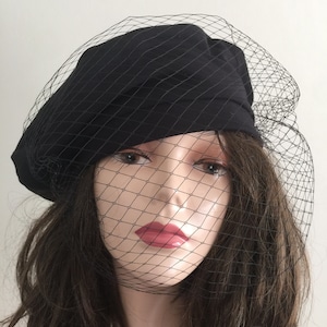 Ladies cotton french beret hat with veil- summer fall beanie- slouchy hat-  Summer veiled beanie women- black funeral hat- Cool vegan beanie