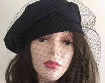 Ladies cotton french beret hat with veil- summer fall beanie- slouchy hat-  Summer veiled beanie women- black funeral hat- Cool vegan beanie