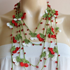 Collar de cereza-Collar de ganchillo de cereza-Collar turco de Oya-Collar rojo y blanco-Collar de Lariat -Bufanda de primavera