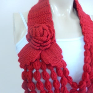 Red Crochet Necklace- Flower Necklace Scarf-  Jewelry Scarf-Handmade Loop Scarf -Crochet Infinity