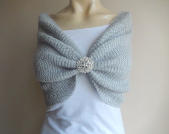 Light Gray Bridal Capelet / Wedding Wrap Shrug Bolero/Hand Knit  Mohair Shawl/ Scarf with Rhinestone