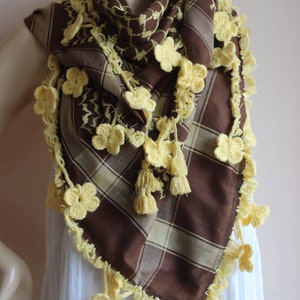 Brown desert scarf- Keffiyeh Scarf- square  cotton- military- shemagh -plaid -Arabic- camouflage- crochet flower- floral- autumn