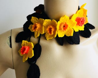 Spring Daffodil Scarf-Crochet Lariat Scarf- Flower Lariat Scarf- Jewelry Scarf-Yellow,Orange Jonquil/Narcissus Scarf-christmas gift