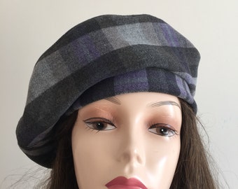 plaid hat in grey- grey beret- gifts for grandma- french beret-Scottish  hat- slouchy beanie hat- warm winter hat- Christmas gift for her