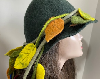 Versatile Hat Band with Forest Green Felted hat -Wrap around- Art deco Cloche Hat with Autumn leaves Hatband- felted Necklace Scarf - Belt