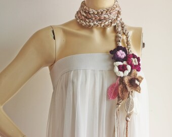 Taupe Crochet Scarf-Lariat Necklace Scarf-Purple,Ivory,Pink,Brown Scarf-Flowers and Leaves Scarf-Hippie Scarf