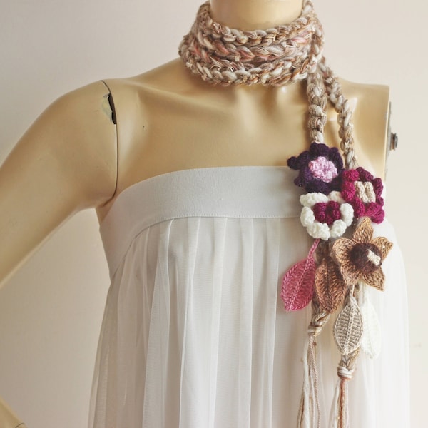 Taupe Crochet Foulard-Lariat Collier Foulard-Violet,Ivoire,Rose,Marron Foulard-Fleurs et Feuilles Echarpe-Hippie Echarpe