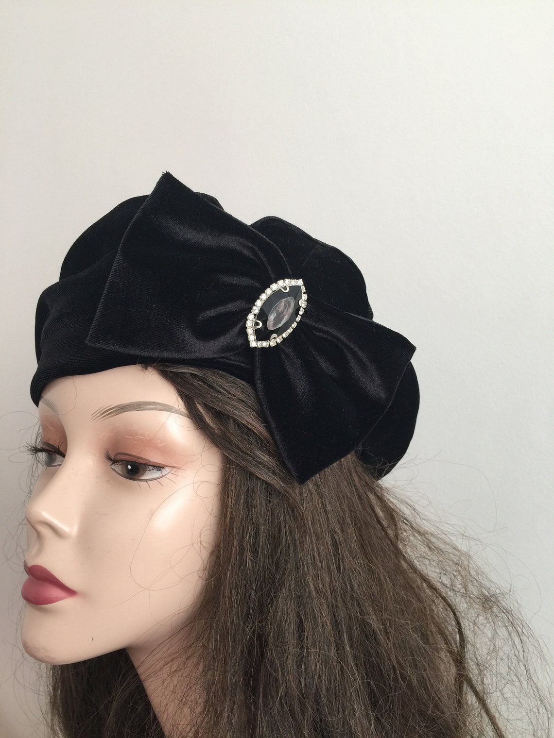 Black velvet beret with a bow tam french warm winter hat Etsy
