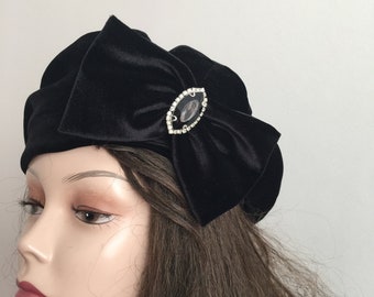 Black velvet beret with a bow- tam french- warm winter hat- Velvet Slouchy  Beanie- funeral hat- formal beret- black hat with rhinestone