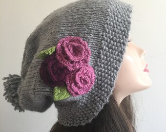 Grey Beanie with Flowers- Knit Slouchy Beanie-Knit Slouch Hat- Knit Hat Scarf Set- Gray Oversize Slouchy Hat- Cold weather accessories