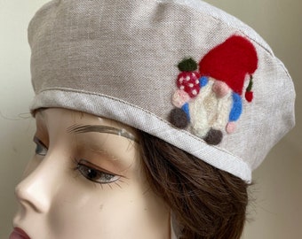 Gnome Linen Beige Beret Hat-  summer hat- tam french- women dwarf hat- Mini French Beret-Satin lined hat- Needle felted cap