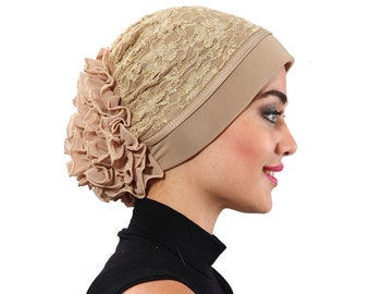 Turban headwrap,Beige Turban,Fashion Turban Cap,Latte Ruffle Turban with Beige Chiffon-Bohemian Lace Turban Hat-Made to Order