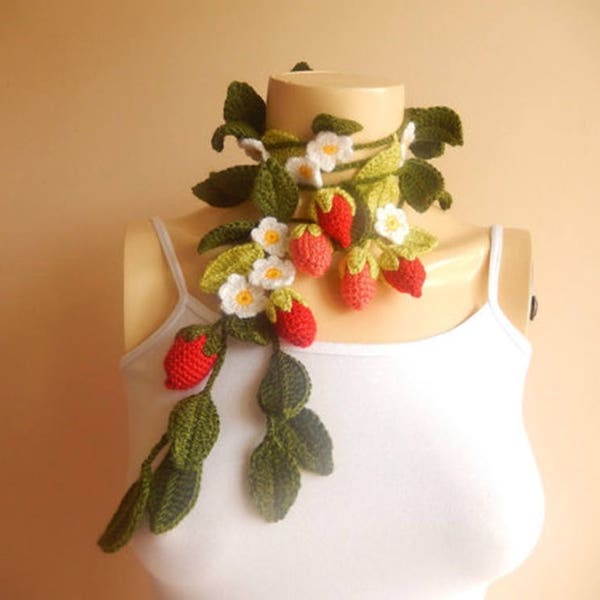 Strawberry  Crochet  Scarf- Flower Necklace Scarf- Lariat Necklace- Spring Scarf- strawberry choker- decorative belt- fruit