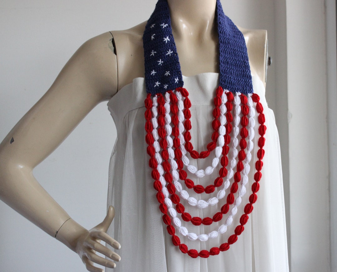 American Flag Necklace US Flag Jewelry Red White Blue Scarf Patriotic