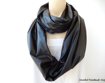 Black Leather Scarf- Infinity Scarf women- christmas gift ideas- leather anniversary gift for man- unisex gift loop- black winter accessory