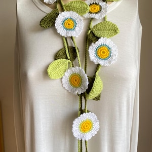 Daisy Lariat Necklace Scarf- flower scarf- spring  crochet necklace- White flowers with leaves- Versatile option as a headband or belt