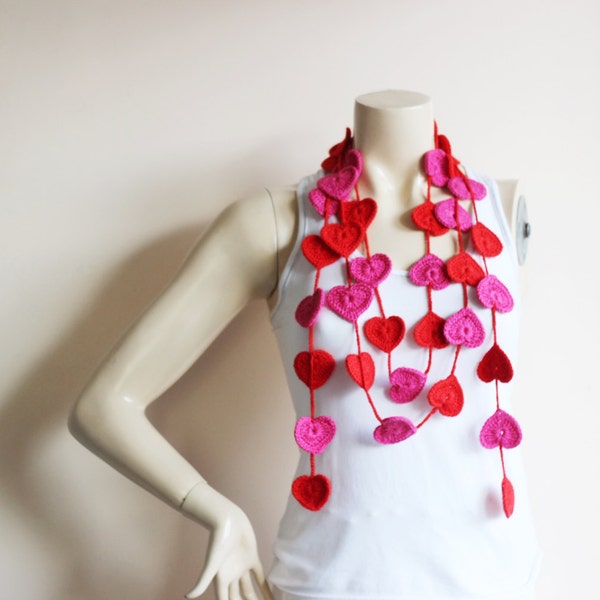 Coeur Crochet Foulard-Rouge et Fuchsia Coeur Foulard-Coeur Lariat Foulard-Valentine Foulard-Lariat Collier Echarpe- BFF Collier