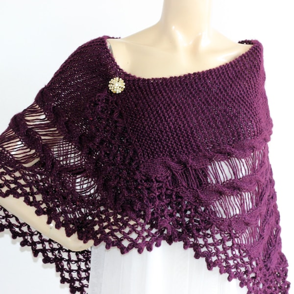 Châle prune foncé / Écharpe de mariage Haussement d’épaules Boléro / Tricot à la main Paillettes Mohair Cape-Aubergine Cap